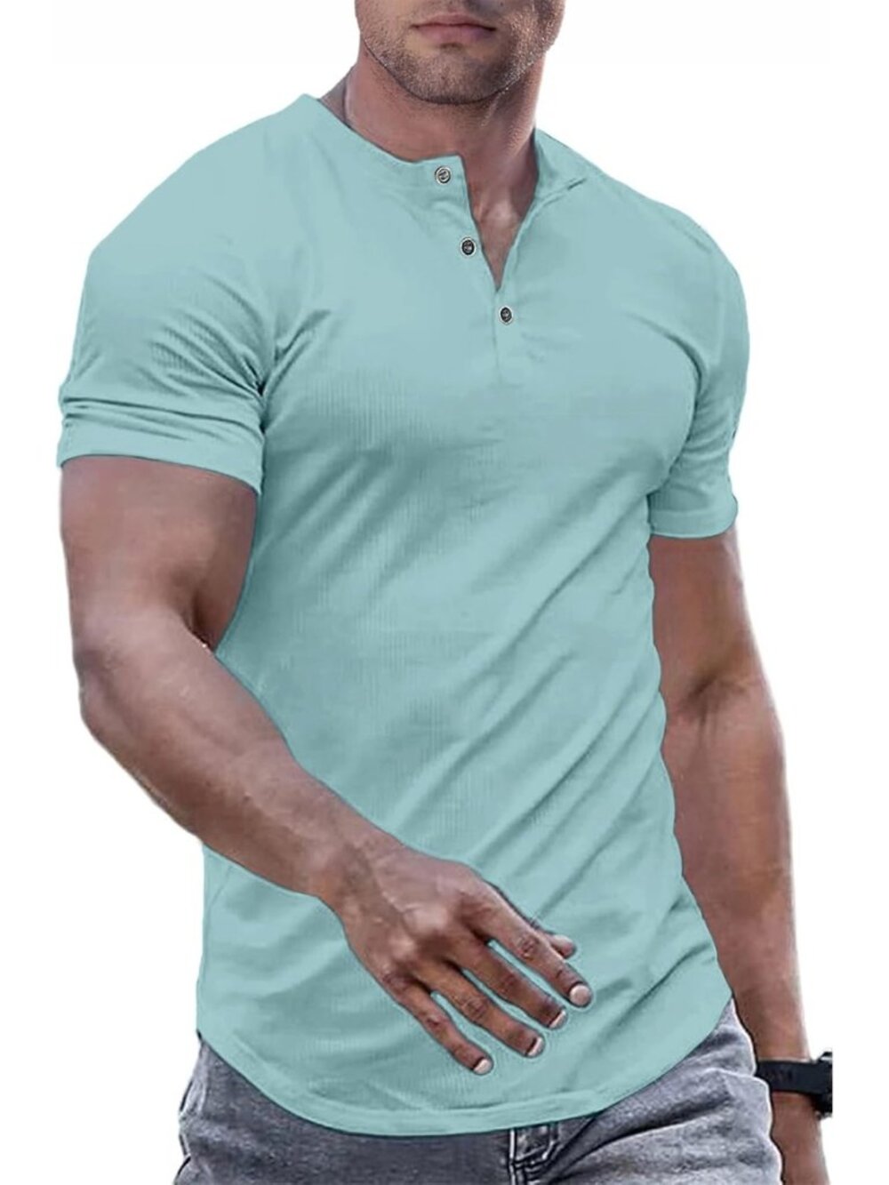 Men's Sky Blue Muscle Slim Henley Crewneck Longline Athletic Button Tees Shirts